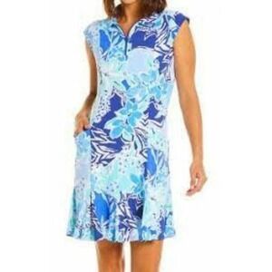 IBKUL Dress Womens L Blue Floral 1/4 Zip Short Sleeves Pockets UPF 50+ Golf